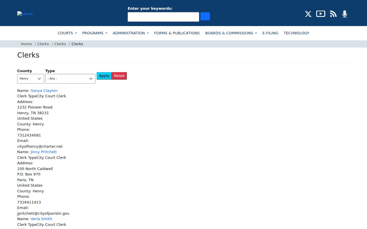 Henry criminal court records and Tennessee municipal clerk listing