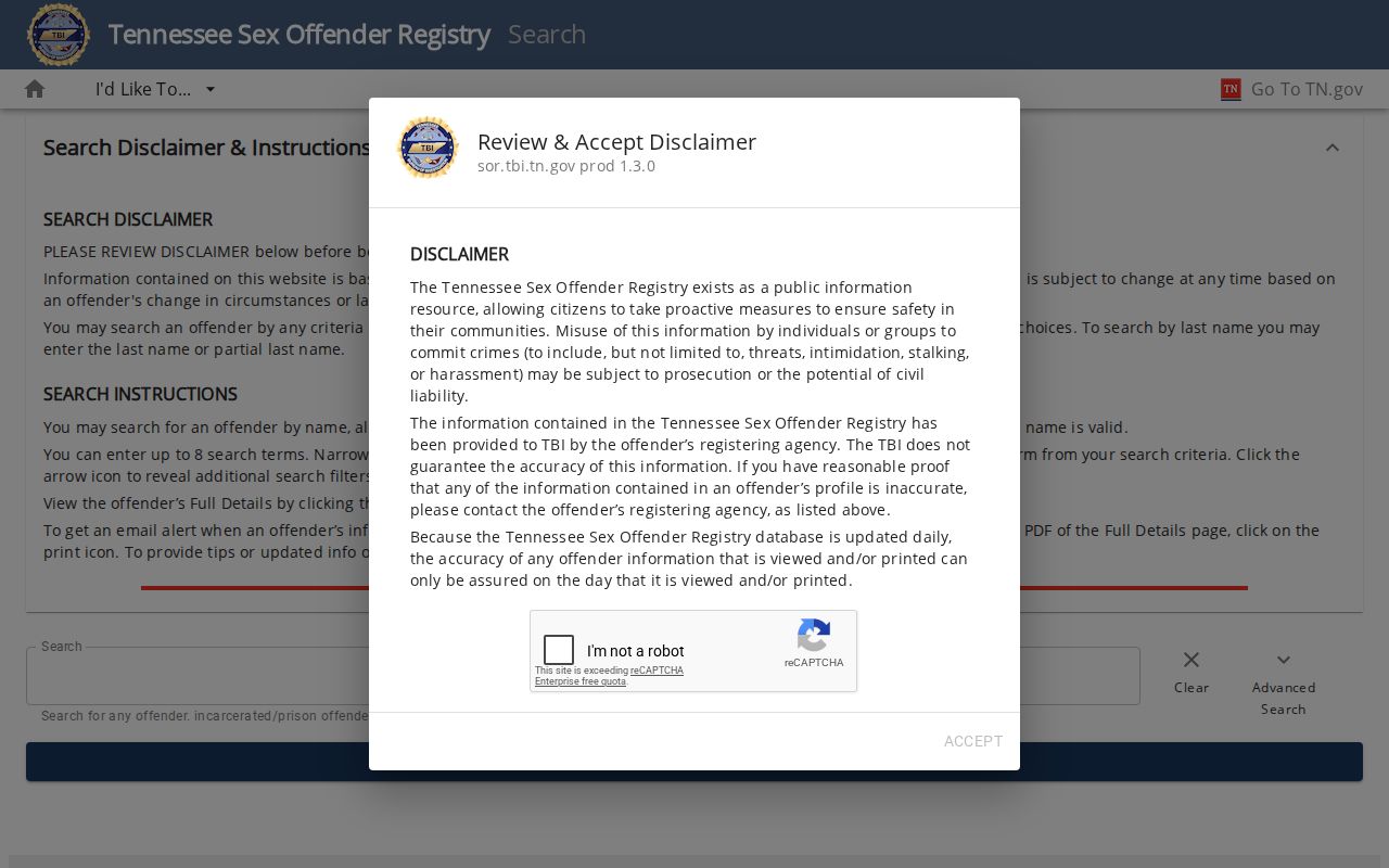Henry County sex offender lookup fields on the TBI search form